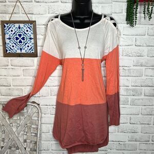 New York & Company Striped Oversized Exposed Shoulder Knit Tunic Sweater Large